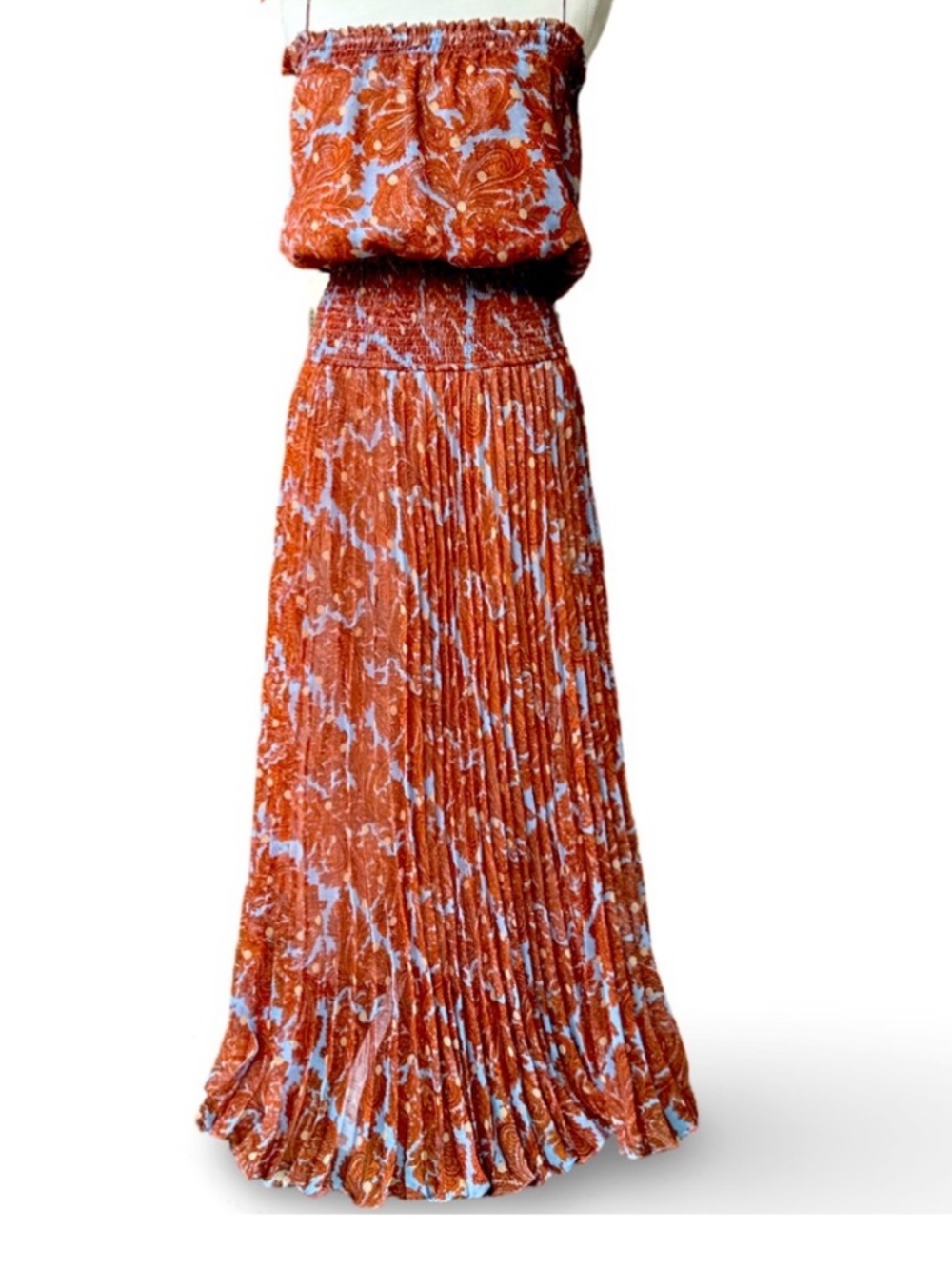 Traffic People Orange Boho Pleated Maxi Dress Strapless Smocked Floral
